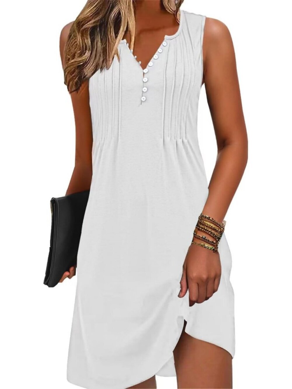 Women's Pure White Swim Cover up V-Neck Summer Button Sleeveless Mini Dress